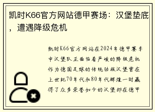 凯时K66官方网站德甲赛场：汉堡垫底，遭遇降级危机