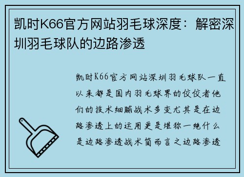 凯时K66官方网站羽毛球深度：解密深圳羽毛球队的边路渗透